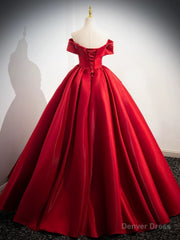 A-Line Off Shoulder Satin Red Long Prom Dress, Red Long Evening Dress