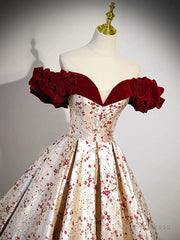 A-Line Off Shoulder Satin/Velvet Champagne Long Prom Dress, Champagne Long Evening Dress