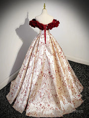 A-Line Off Shoulder Satin/Velvet Champagne Long Prom Dress, Champagne Long Formal Dress