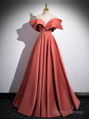 A-Line Off Shoulder Satin Watermelon Red Long Prom Dress, Watermelon Long Formal Dress