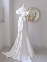 A-Line Off Shoulder Satin White Long Prom Dresses, White Long Party Dresses