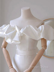 A-Line Off Shoulder Satin White Long Prom Dresses, White Long Party Dresses