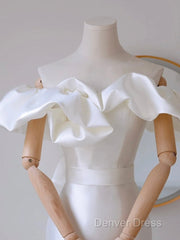 A-Line Off Shoulder Satin White Long Prom Dresses, White Long Party Dresses