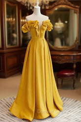A-Line Off Shoulder Satin Yellow Long Prom Dresses, Yellow Formal Evening Dresses