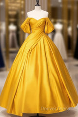 A-Line Off Shoulder Satin Yellow Long Prom Dresses, Yellow Long Formal Dresses