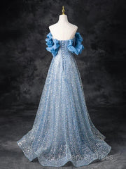A-Line Off Shoulder Sequin Beads Blue Long Prom Dresses Sparkly Evening Dresses