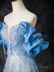A-Line Off Shoulder Sequin Beads Blue Long Prom Dresses Sparkly Evening Dresses