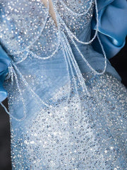 A-Line Off Shoulder Sequin Beads Blue Long Prom Dresses Sparkly Evening Dresses