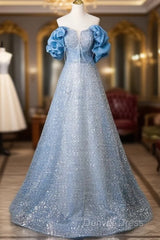 A-Line Off Shoulder Sequin Beads Blue Long Prom Dresses Sparkly Evening Dresses