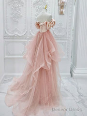 A-Line Off Shoulder Statin Tulle Pink Long Prom Dress, Pink Long Formal Dress