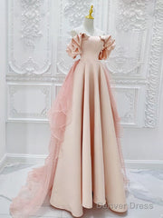 A-Line Off Shoulder Statin Tulle Pink Long Prom Dress, Pink Long Formal Dress