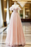 A Line Off Shoulder Tulle Beads Pink Long Prom Dress, Pink Tulle Long Prom Dresses