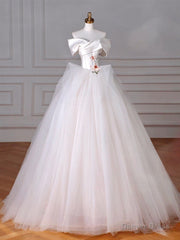 A-Line Off Shoulder Tulle Beige Long Prom Dress, Beige Tulle Long Formal Dress