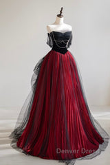 A-Line Off Shoulder Tulle Black/Burgundy Long Prom Dresses