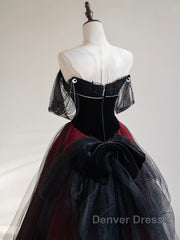 A-Line Off Shoulder Tulle Black/Burgundy Long Prom Dresses