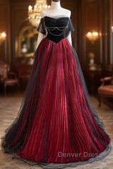 A-Line Off Shoulder Tulle Black/Burgundy Long Prom Dresses