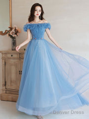 A-Line Off Shoulder Tulle Blue Long Prom Dress, Blue Formal Dresses
