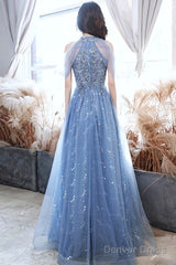 A-Line Off Shoulder Tulle Blue Long Prom Dress, Blue Lace Long Formal Dress
