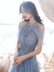 A-Line Off Shoulder Tulle Blue Long Prom Dress, Blue Lace Long Formal Dress