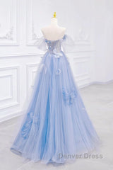 A-Line Off Shoulder Tulle Blue Long Prom Dresses, Blue Long Formal Dresses