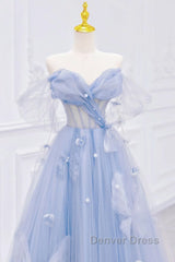 A-Line Off Shoulder Tulle Blue Long Prom Dresses, Blue Long Formal Dresses