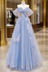 A-Line Off Shoulder Tulle Blue Long Prom Dresses, Blue Long Formal Dresses