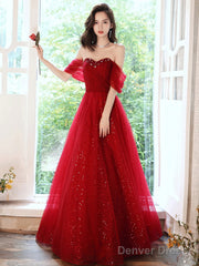 A-Line Off Shoulder Tulle Burgundy Long Prom Dress, Burgundy Long Evening Dress