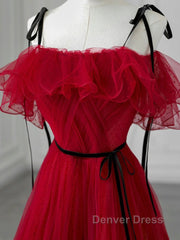 A-Line Off Shoulder Tulle Burgundy Long Prom Dresses, Burgundy Long Formal Dresses