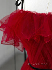 A-Line Off Shoulder Tulle Burgundy Long Prom Dresses, Burgundy Long Formal Dresses