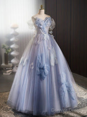 A-Line Off Shoulder Tulle Flower Blue Long Prom Dress, Blue Long Formal Dress