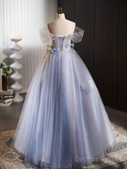 A-Line Off Shoulder Tulle Flower Blue Long Prom Dress, Blue Long Formal Dress