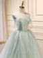 A-Line Off Shoulder Tulle Green Long Prom Dresses, Green Formal Dresses with Beading