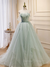 A-Line Off Shoulder Tulle Green Long Prom Dresses, Green Formal Dresses with Beading