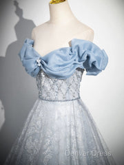 A-Line Off Shoulder Tulle Lace Beads Blue Long Prom Dresses, Blue Long Formal Dresses
