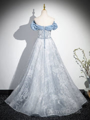 A-Line Off Shoulder Tulle Lace Beads Blue Long Prom Dresses, Blue Long Formal Dresses