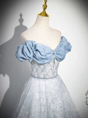A-Line Off Shoulder Tulle Lace Beads Blue Long Prom Dresses, Blue Long Formal Dresses