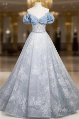 A-Line Off Shoulder Tulle Lace Beads Blue Long Prom Dresses, Blue Long Formal Dresses