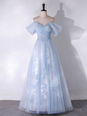 A-Line Off Shoulder Tulle Lace Blue Long Prom Dress, Blue Long Formal Dress