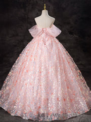 A-Line Off Shoulder Tulle Lace Pink Long Prom Dress, Pink Sweet 16 Dress