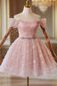 A-Line Off Shoulder Tulle Lace Pink Short Prom Dresses, Pink Homecoming Dresses