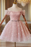 A Line Off Shoulder Tulle Lace Pink Short Prom Dress, Pink Homecoming Dresses