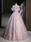 A Line Off Shoulder Tulle Lace Purple Long Prom Dress, Purple Prom Dresses