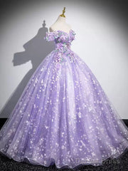 A-Line Off Shoulder Tulle Lace Purple Long Prom Dress, Purple Long Formal Dress