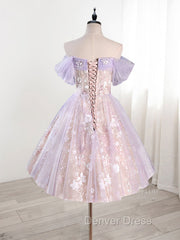 A-Line Off Shoulder Tulle Lace Purple Short Prom Dresses, Cute Purple Homecoming Dresses