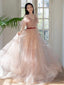 A Line Off Shoulder Tulle Light Pink Long Prom Dress, Long Prom Dresses