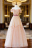 A-Line Off Shoulder Tulle Long Prom Dresses, Champagne Formal Dresses
