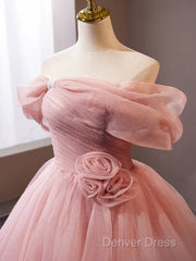 A-Line Off Shoulder Tulle Pink Long Prom Dresses, Pink Long Formal Dresses