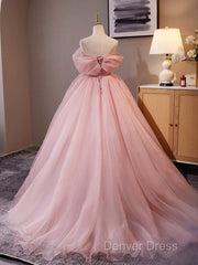 A-Line Off Shoulder Tulle Pink Long Prom Dresses, Pink Long Formal Dresses