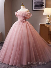 A-Line Off Shoulder Tulle Pink Long Prom Dresses, Pink Long Formal Dresses