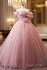 A-Line Off Shoulder Tulle Pink Long Prom Dresses, Pink Long Formal Dresses